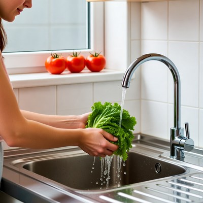 Woman washing lettuce in kitchen sink