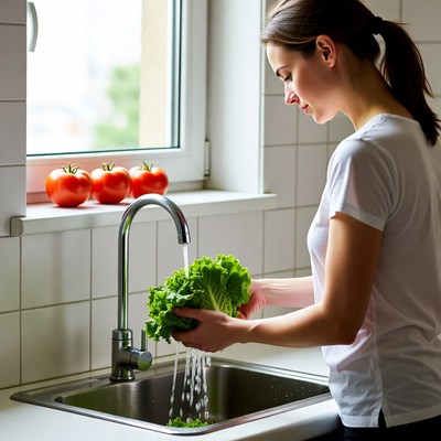 Washing lettuce and tomatoes in kitchen