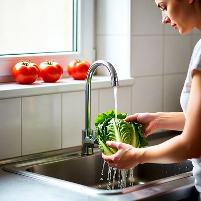 Washing vegetables in the kitchen sink