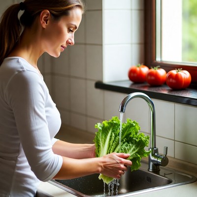 Washing lettuce at the kitchen sink