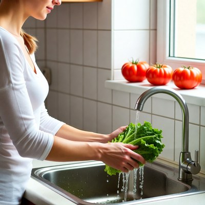 Washing lettuce in kitchen sink