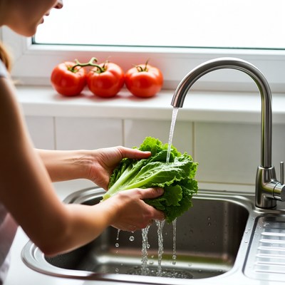 Washing lettuce at kitchen sink