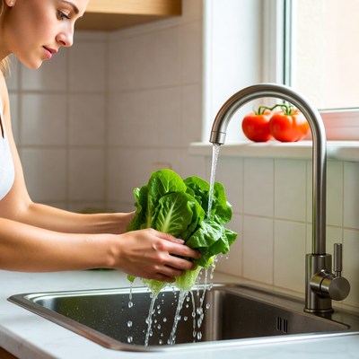 Washing lettuce in kitchen sink