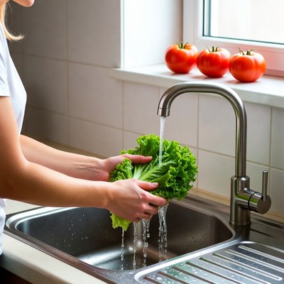 Washing lettuce at kitchen sink