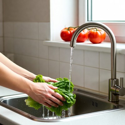 Washing lettuce in kitchen sink