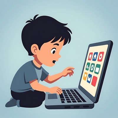 Child using laptop with excitement