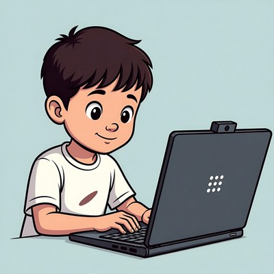 Young boy working on laptop at home