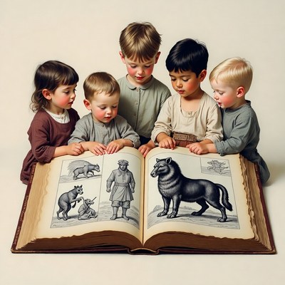Children gather around a large book