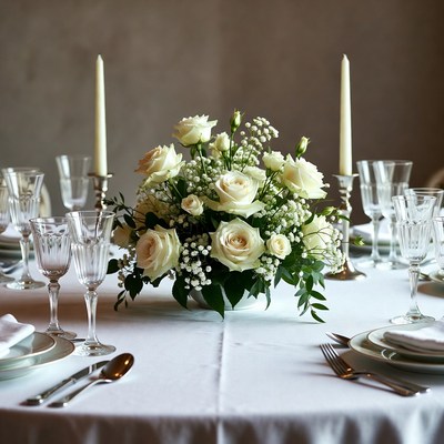 Elegant dinner table with white roses
