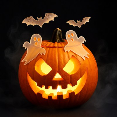 Halloween pumpkin with ghosts and bats