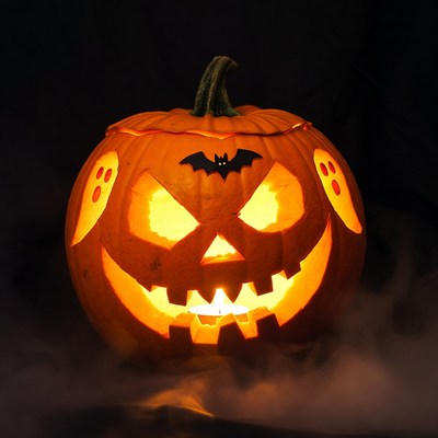 Carved pumpkin with spooky design