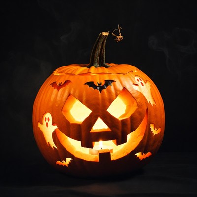 Carved pumpkin with ghost and bat designs