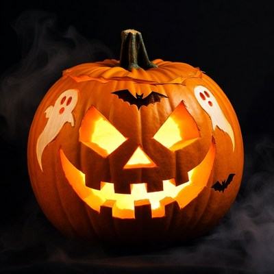 Pumpkin with ghost and bat designs