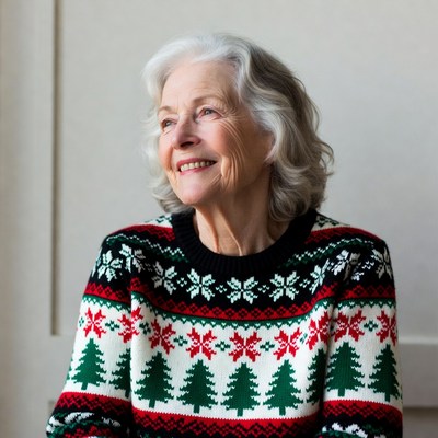 Senior woman smiling in holiday sweater