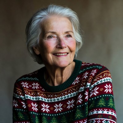 Smiling woman in festive sweater indoors