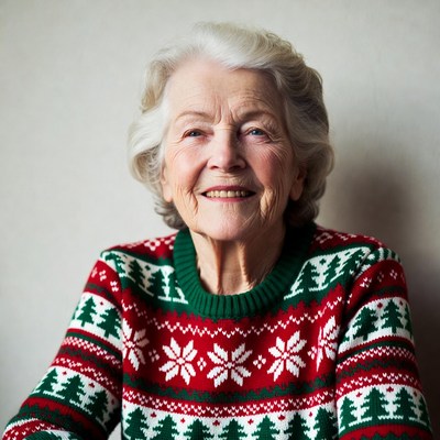 Elderly woman smiles in festive sweater