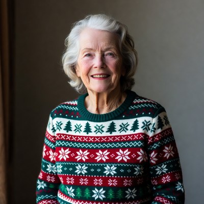 Elderly woman in festive sweater indoors