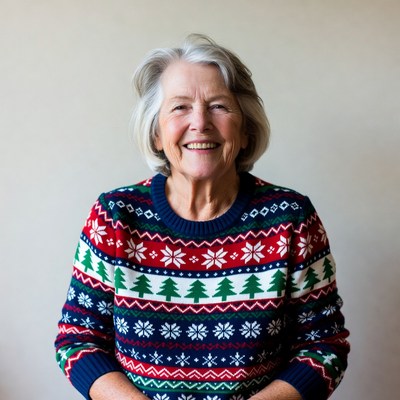 Smiling woman in festive sweater