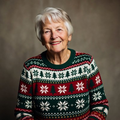 Senior woman in holiday sweater smiling