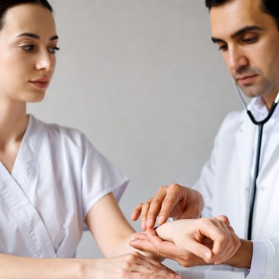 Doctor checks patient's pulse
