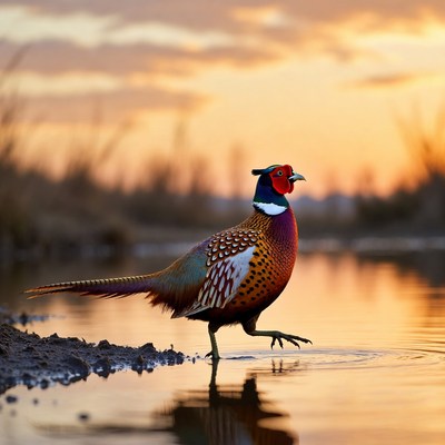 Pheasant by the water at sunset