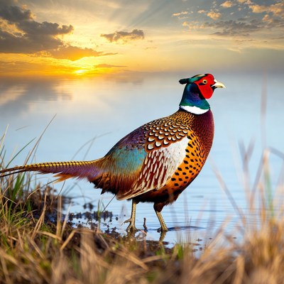 Pheasant standing by the water at sunset