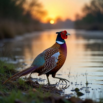 Pheasant by the river at sunset