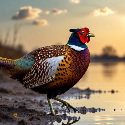 Pheasant walking near water at sunset