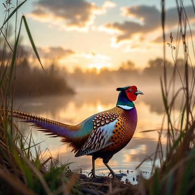 Pheasant near water at sunrise