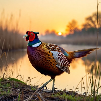 Colorful pheasant at sunset
