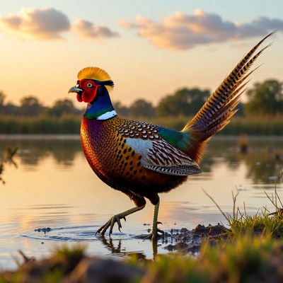 Pheasant walking by the water
