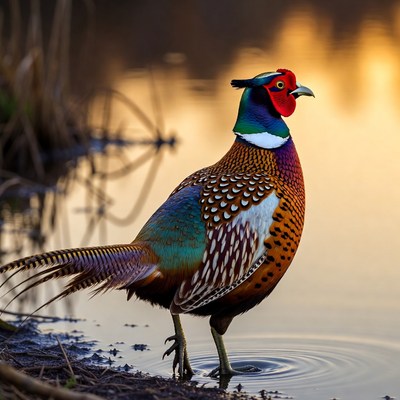 Pheasant by the water at sunset
