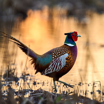 Colorful pheasant walks by water