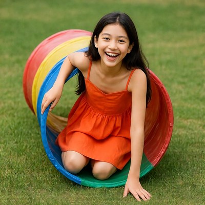 Girl playing in colorful tunnel