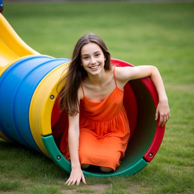 Girl playing on colorful slide