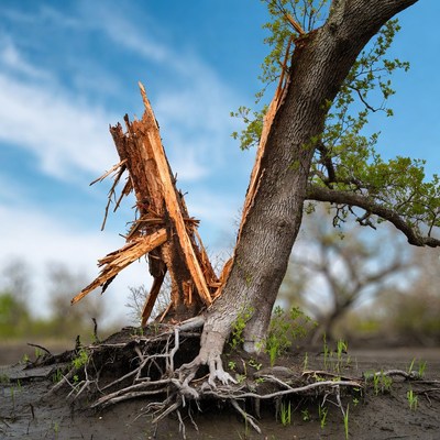 Tree trunk split in clear sky