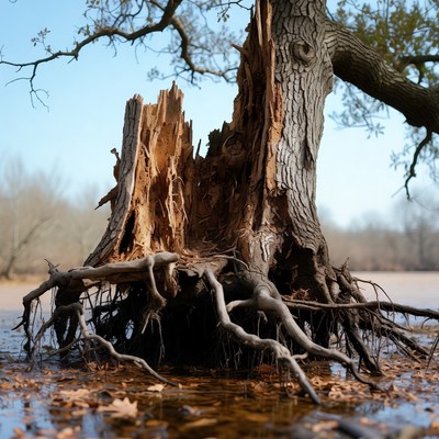 Tree stump surrounded by water