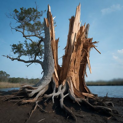 Broken tree near water body