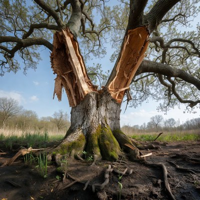 Tree damaged by storm in wetland area