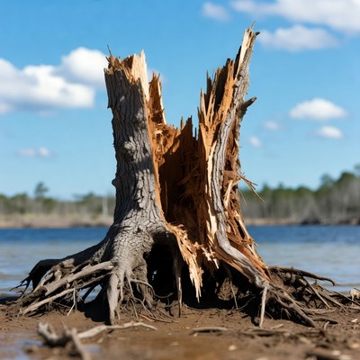 Broken tree trunk by water