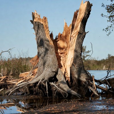Stump on water at sunset