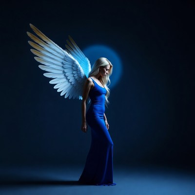 Model with wings in dark setting