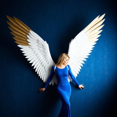 Woman with wings against blue wall