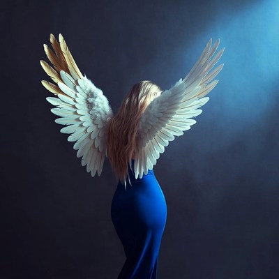 Woman with angel wings in dark room