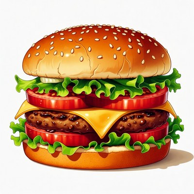 Large burger with toppings and sesame bun