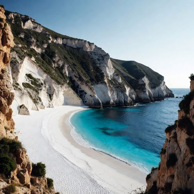 Coastal view of sandy beach and cliffs