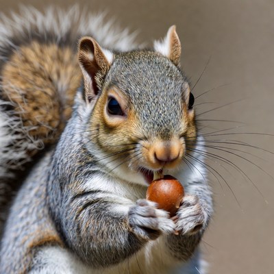 Squirrel holding an acorn in its paws
