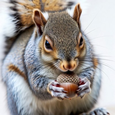 Squirrel holding acorn in autumn