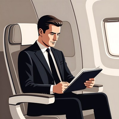 Businessman reading on airplane