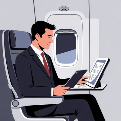 Businessman using tablet on flight
